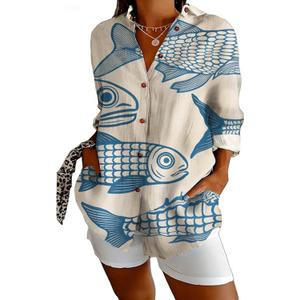Women Tops Dressy Casual Floral Shirts Long Sleeve Blouse | Ladies Blouses V Neck Botton Down Floral Boho Tops Collared Office Shirts for Work Vacation Size S, Blue White Fish