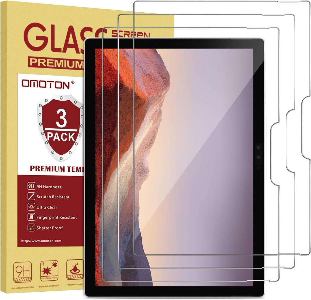OMOTON [3-Pack Screen Protector for Surface Pro 7 Plus 7 6 5 4 [12.3 Inch] - Tempered Glass/Guide Frame/Scratch Resistant (NOT for Surface Pro 8)
