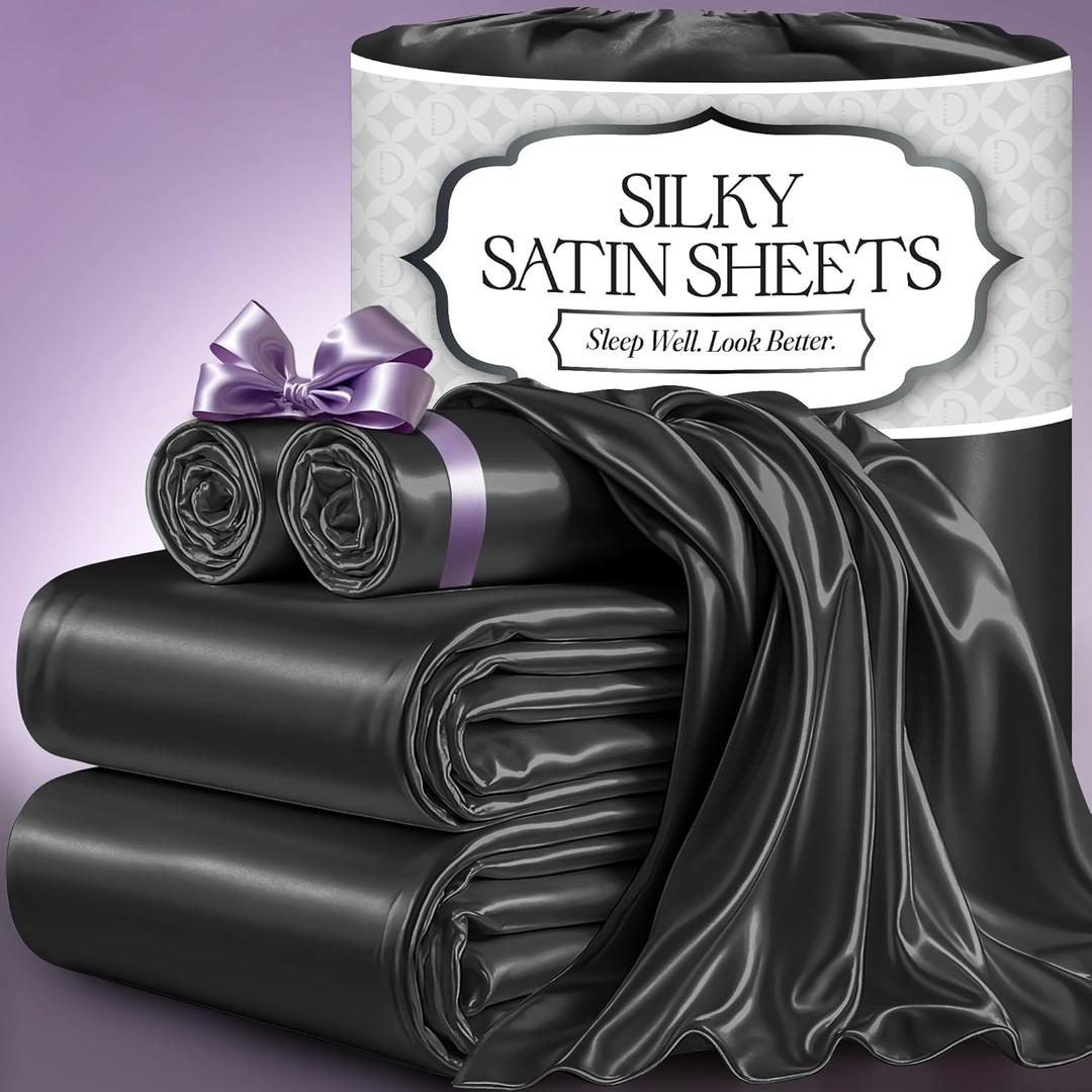 DECOLURE Satin Bed Sheets - 4 Piece Luxury Silky King Size Bedding Set - Softer Than Silk, Wrinkle-Free with 15 Deep Pocket Fitted Sheet, Perfect for Hair & Skin, Gifts for Women (Stone Grey)