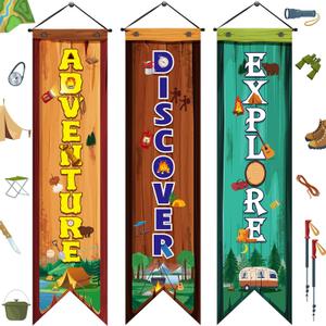 3 Pcs Camping Banners Party Decorations Camping Porch Sign Camper Adventure Door Banners Wall Decor for Camper Adventure Theme Birthday Celebrating Baby Shower Classroom Decorations