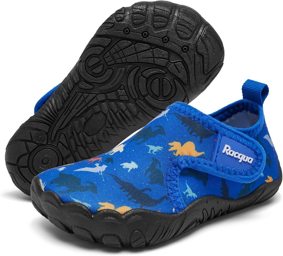 Racqua Toddler Boys Girls Water Shoes Slip-On Quick Dry Aqua Kids Shoes Barefoot Breathable Swim Lightweight Beach Shoes Toddler Blue Dinosaur, 7