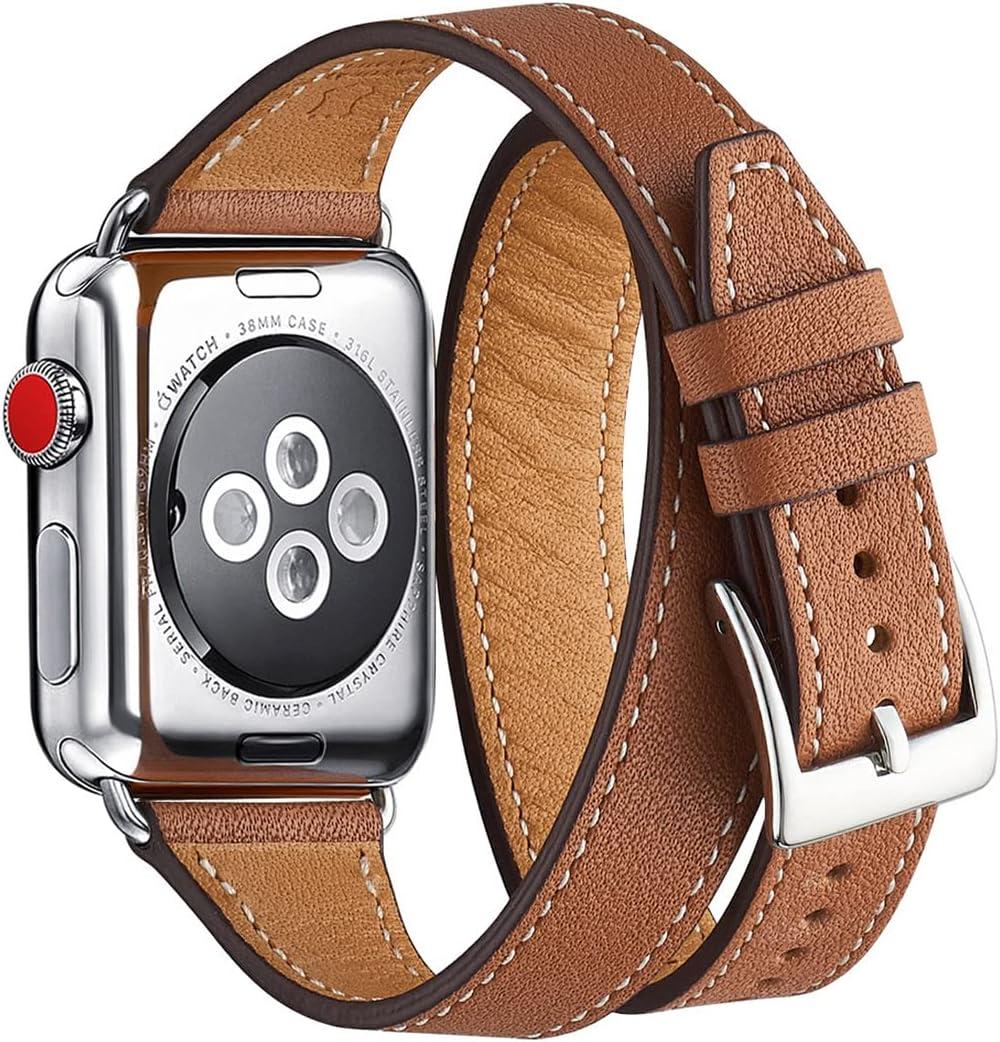 Bestig Bands Compatible with Apple Watch Band 40mm 41mm 38mm 42mm(Series 10 11) Women Men, Genuine Leather Double Tour Designed Slim Thin Strap for iWatch SE1/2/3 Ultra 3/2/1 Series 9 8 7 6 5 4 3 2 1