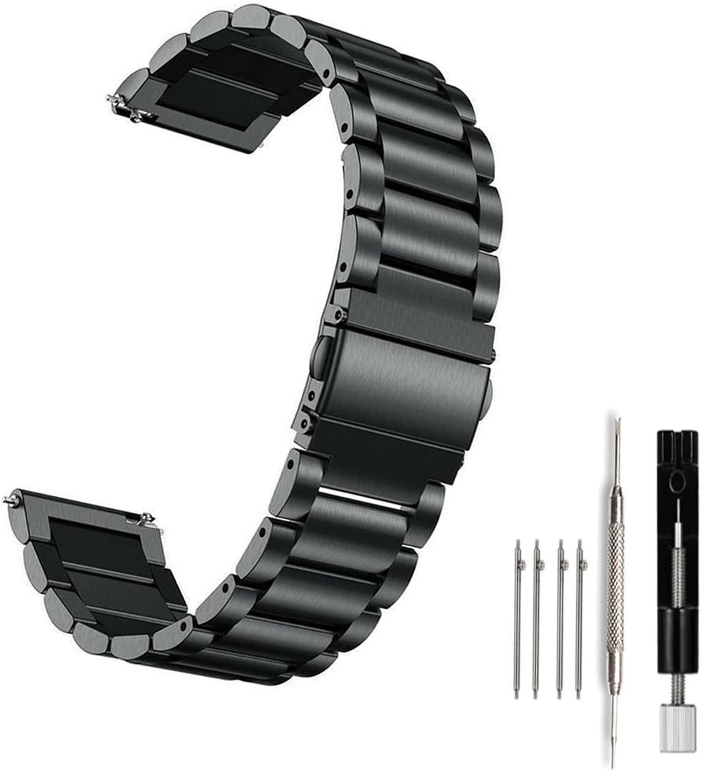 Moran Stainless Steel Watch Band Quick Release Replacement Metal Strap 20mm 22mm for Men Women (Black+Folding Clasp)