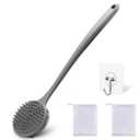 Silicone Body Scrubber for Shower Men Women  Dual-Sided Exfoliating & Massage Shower Brush with Long Handle, Creates Rich Lather, Includes 1 Hook & 2 Lather Balls (Gray).