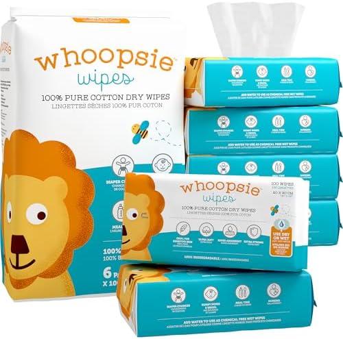 Whoopsie Wipes – The Original 100% Pure Cotton Dry Baby Wipes – Ultra Soft, Unscented, Chemical-Free Wipes for Sensitive Skin – Use Dry or Add Water for Wet Wipes – 5 Packs (600 Count)