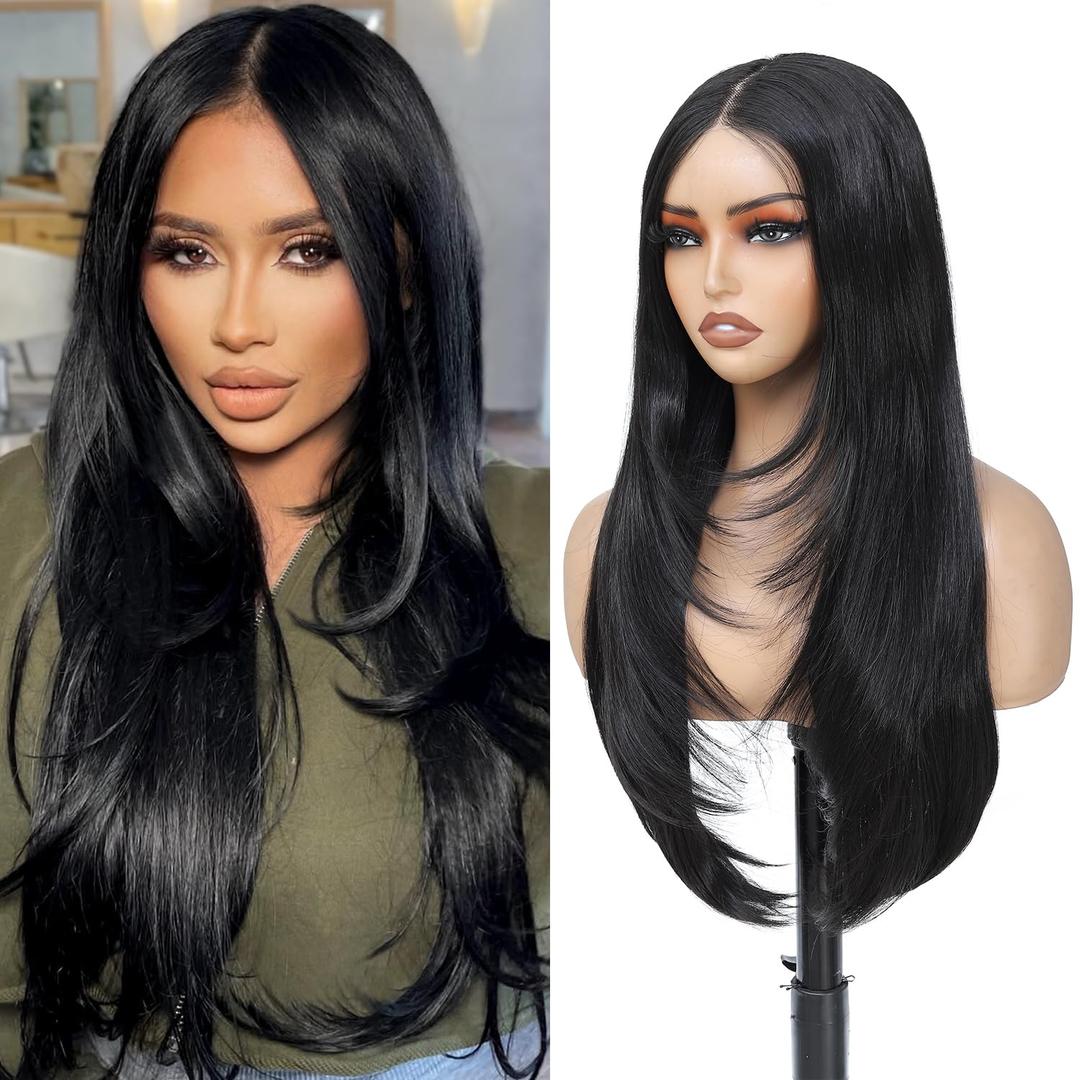 Synthetic Lace Front Wig, Pre Cut Lace Glueless, HD Lace, 13x4x1 Inch, Black, Layered, 26 Inch, Straight, Glueless Wig for Black Women (1B#)