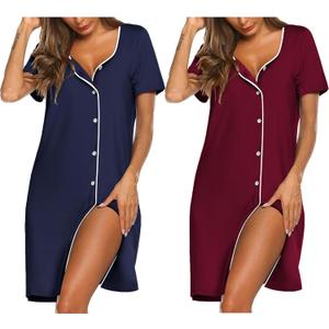 Ekouaer Nightgowns for Women 2 Pack Button Down Sleepshirt Short Sleeve Nightshirt Soft Sleepwear V Neck Pajama Dress (Large)
