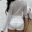 SHENHE Women's Crochet Set 2 Piece Outfits Button Up Long Sleeve Top and Mini Shorts Vacay Outfits (White, M)