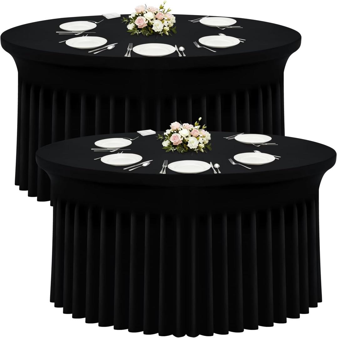 Moosfor Spandex Fitted 72 inch Round Tablecloth 2 Pack, Elastic Stretch Wrinkle Resistant 6FT Table Skirt, Washable Reusable Table Cover for Wedding, Banquet, Party Events, Black