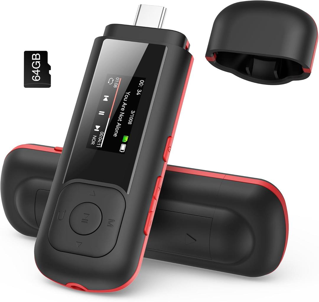 AGPTEK 64GB USB C MP3 Player, A55PL 2 in 1 Type-C & USB Stick Music Player Supports Replaceable AAA Battery, FM Radio, Recording