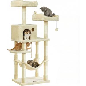 Feandrea Cat Tree, 56.3-Inch Cat Tower, Multi-Level Plush Condo with 11 Scratching Posts, 2 Perches, Hammock, Cave, Beige UPCT15BE