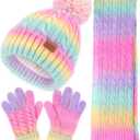 Kids Winter Hat Scarf Gloves Set, Girls Boys Toddler 8% Wool Warm Fleece Lined Pom Pom Beanie Hat Knit Neck Scarf Soft Thick Mittens Gloves for Cold Weather 3 In 1 Birthday Christmas Gift for Children
