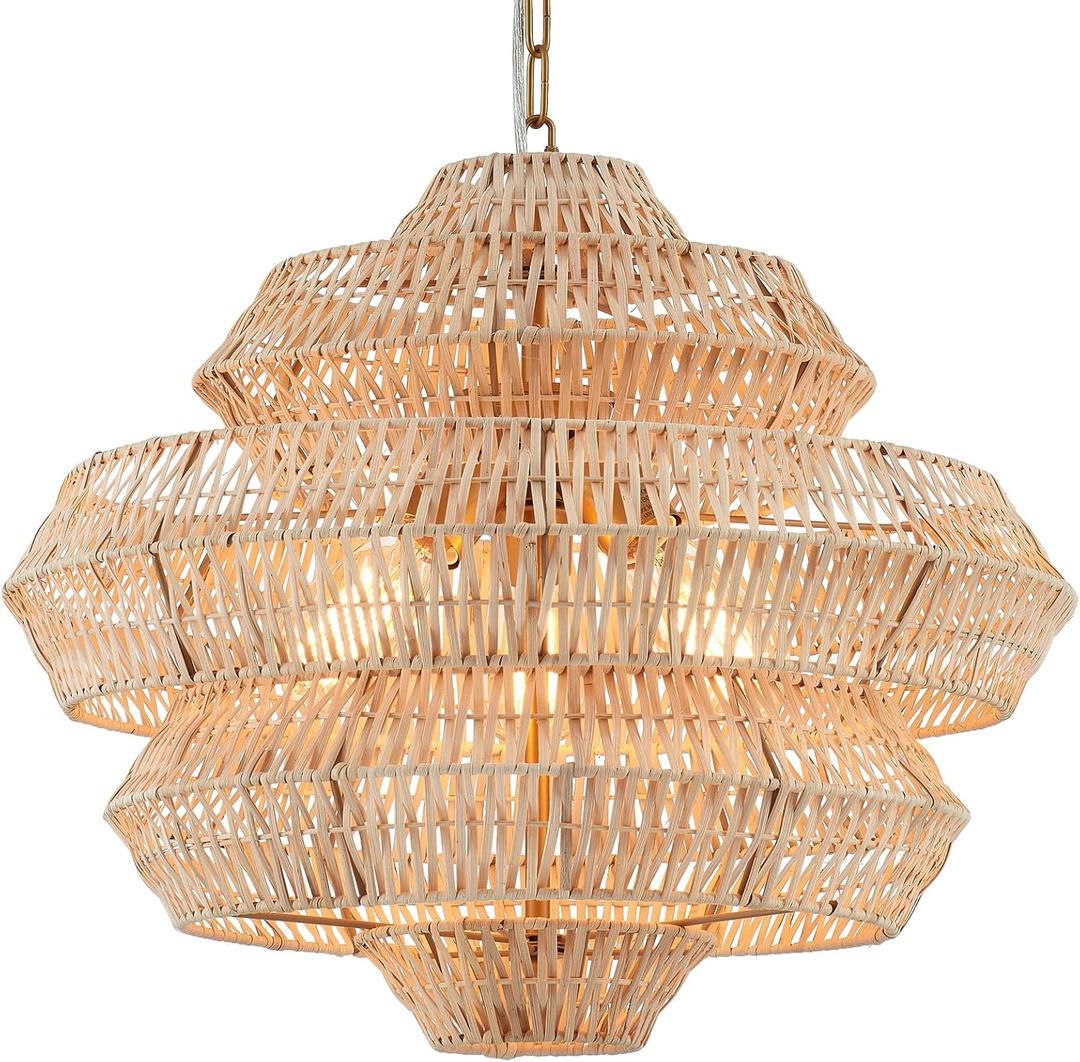 22 Hand Woven Rattan Chandelier 5 Round Adjustable Boho Pendant Light Farmhouse Large Brass Pendant Lighting Fixtures for Dining Room Kitchen Island Living Room, UL Listed
