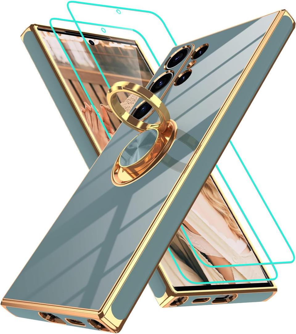 Gritup for Samsung Galaxy S24 Ultra Case: with 2Pcs Screen Protector, 360 Rotation Ring Holder Magnetic Kickstand Plating Gold Edge Soft TPU Shockproof Protective Cover for S24 Ultra, Gray