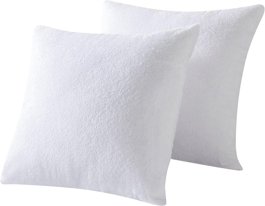 Waterproof Feather Proof Pillow Protectors 20x20 with Zipper Pack of 2 Soft Bamboo Viscose Terry Zippered Square Pillow Covers for Throw (White)