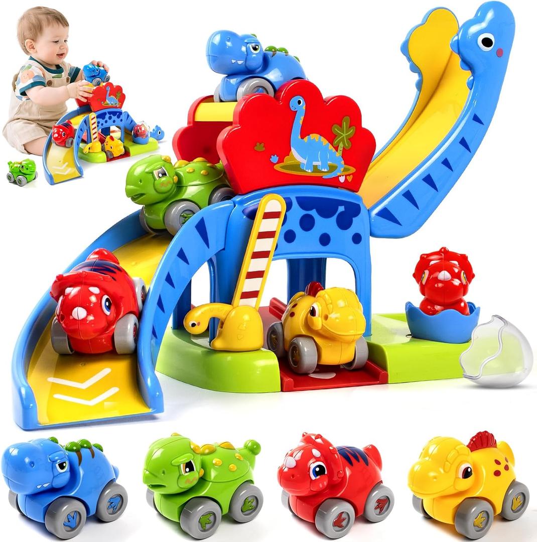 Marstone Toddler Toys for 1 Year Old Boy Gifts: Dinosaur Slide with 4 Animal Cars Educational Baby Toys 12-18 Months, First 1st Birthday Gifts for Kids, Girls, Push Car Race Track for Toddlers 1-3