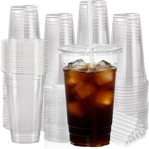 100 Pack 24 oz Clear Plastic Cups with Lids and Straws, [Leak-Proof & Snap-Tight Design] Disposable Iced Coffee Cups for Smoothies, Bubble Tea and Cold Drinks, BPA Free Sturdy PET Tumblers