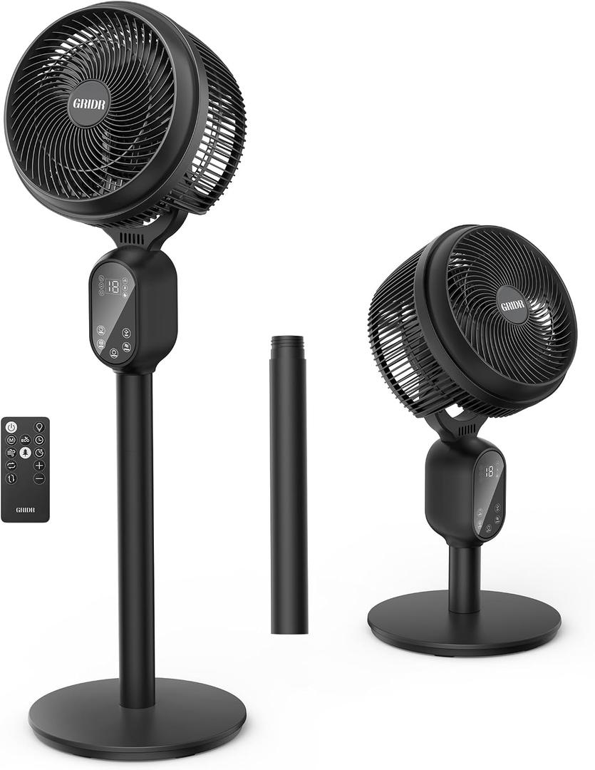 GRIDR Fan For Bedroom, Pedestal Fans 90+90 Smart Oscillating, Standing Fans for Home 12 Speeds, 4 modes, 12H Timer, Quiet Floor Fan with DC Motor 20dB, 90ft for Room, 22-35'' Adjustable Height