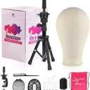 23 Inch Wig Head,Wig Stand Tripod with Head,Canvas Wig Head Stand with Mannequin Head for Wigs,Manikin Head Block Set for Wigs Making Display with Wig caps,T Pins Set,Bristle Brush