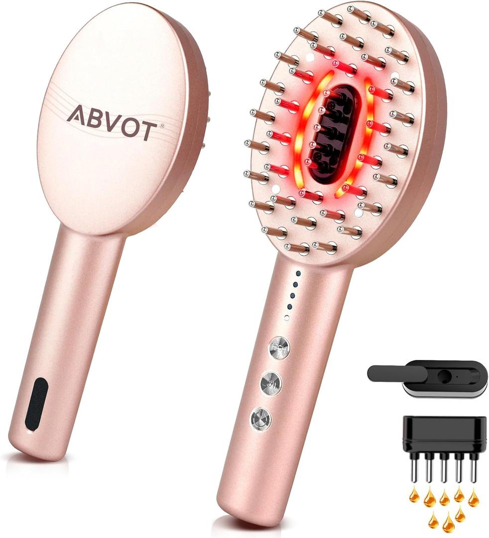 3-in-1 Electric Scalp Massager with Hair Oil Applicator, Red & Blue Light Modes, Vibrating Massage Tool for Scalp/Face/Body Relaxation, Portable Scalp Massager Brush for Travel (Rose Gold)