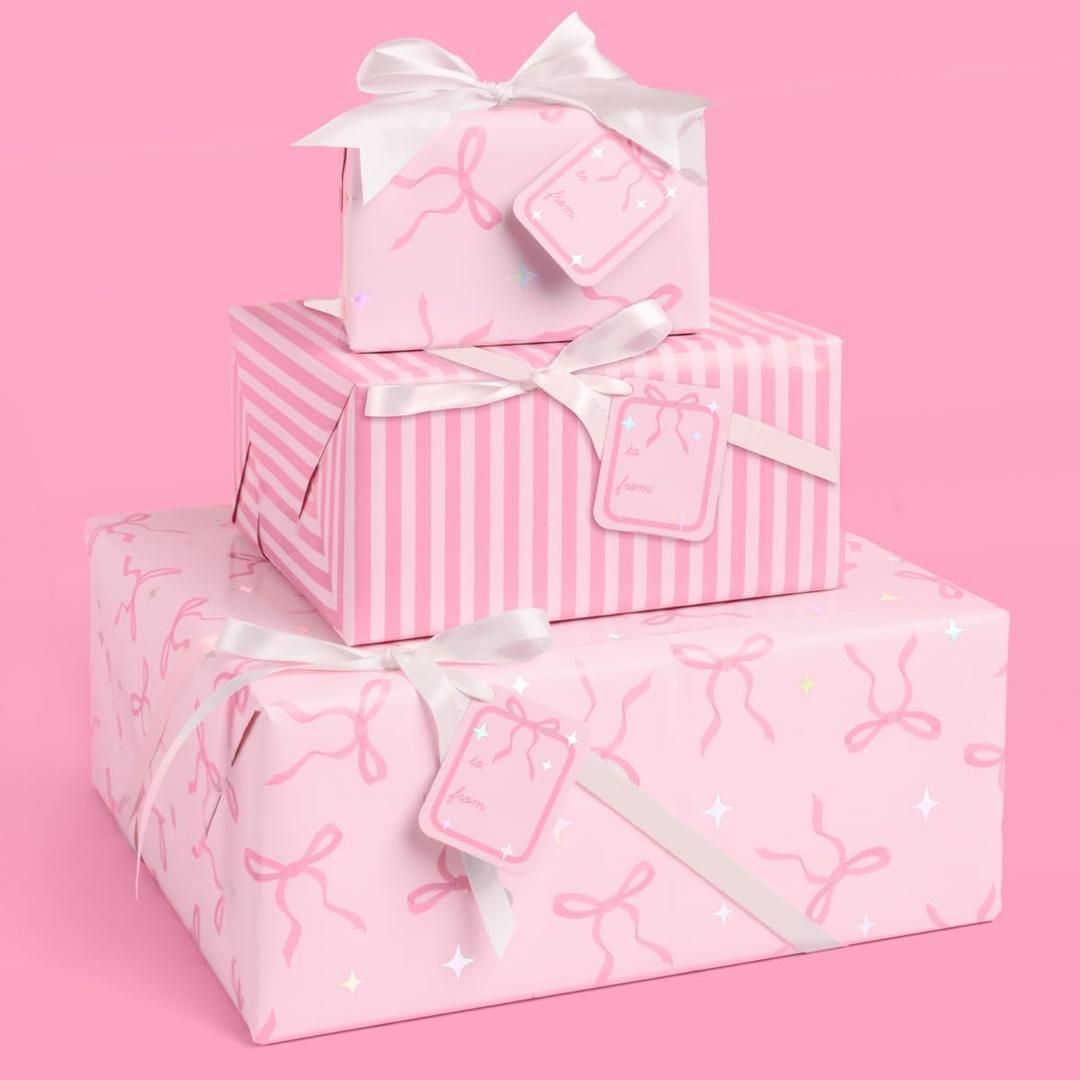 xo, Fetti Pink Bows and Stripes Wrapping Paper + Tag Set - 12 Sheets | Girly Birthday Gift Wrap, Decorative Christmas Bag, Bachelorette Party Favor