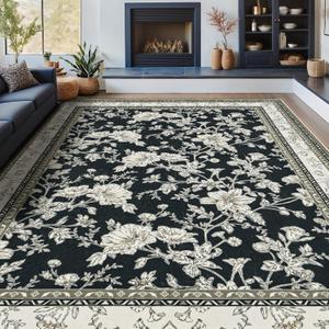 Black Farmhouse Washable 9x12 Area Rugs for Living Dining Room Bedroom Office Kitchen Table Large Rug for Under Table, Beige Cream Taupe Sketch Pattern Floral Vintage Boho Farmhouse Home Decor