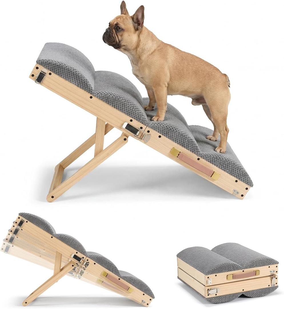 Veehoo Dog Ramp for Bed Couch for Small to Large Dogs, Folding Ramp for Dogs to Get on Bed 4 Adjustable Height from 13.8" to 20.5", Wooden Pet Cat Stairs Doggie Steps with Foam Padding, Up to 130lbs