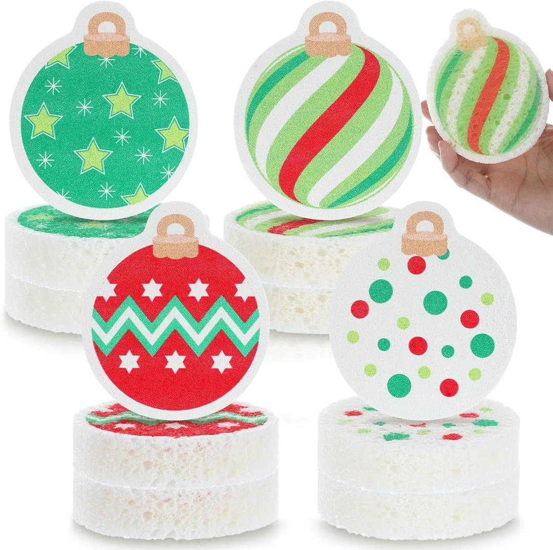 Layhit 12 Pcs Christmas Dish Sponges Cute Kitchen Non Scratch Scrub Sink Sponges Wood Pulp Reusable Household Cleaning Cloth for Kitchen Dishes Furniture(Christmas Balls)