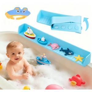 Bathtub Splash Guard for Kids, 2-in-1 Bath Toy Organizer, Tub Shelf & Bath Storage Ledge, Long Silicone Tub Splash Guard with Strong Suction Cups, Helps Keep Bathroom Floor Dry (Blue)
