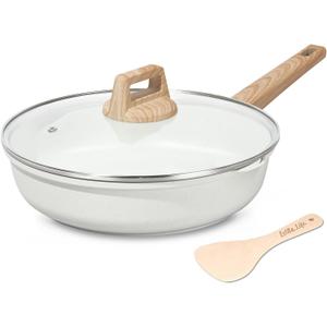 ESLITE LIFE Nonstick Frying Pan Skillet with Lid, Healthy Granite Coating Egg Omelette Pan Stone Cookware Chef's Pan, PFOA Free(Cream, 8" w/Lid & Spatulas)