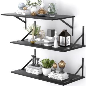 Deep Floating Shelves for Wall Set of 3, 24W x 12 Inch Deep Black Floating Shelves, Wide Floating Wall Mounted Shelves for Living Room, Kitchen, Office, Bedroom, Bathroom, Laundry Room