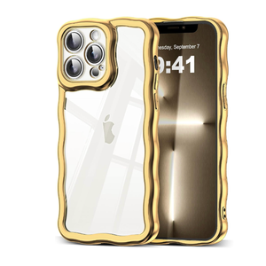 SKYLMW Compatible with iPhone 13 Pro Max Case, Kawaii Cute Curly Wave Frame Luxury Plating Edge, Stylish Glossy Clear Back, Soft TPU Shockproof Protective Cases for iPhone 13 Pro Max, Gold