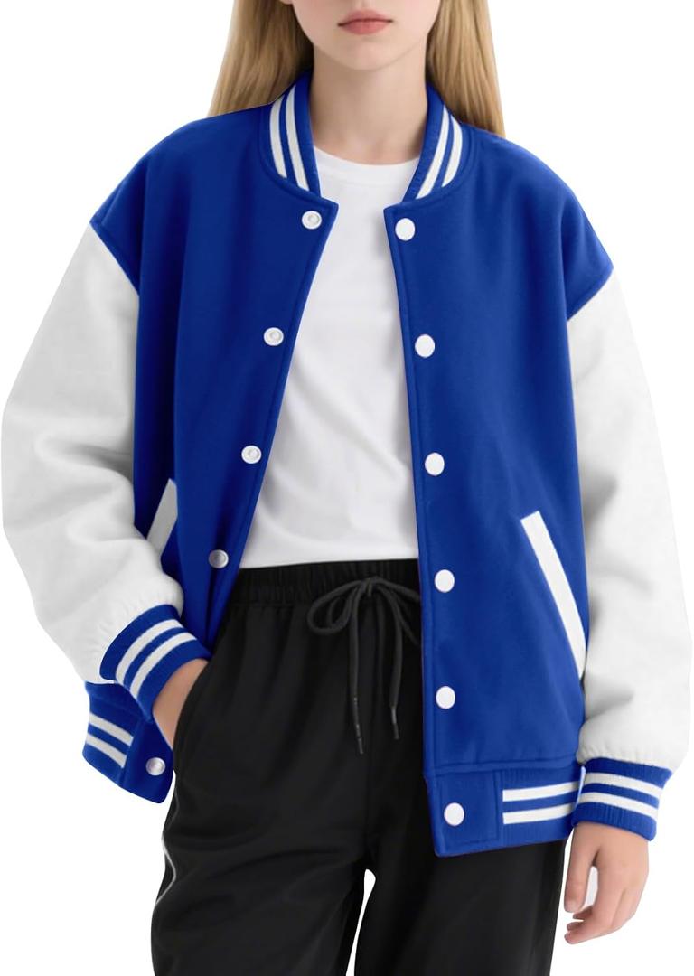 Yousie Girls Kids Varsity Jacket Fleece Lightweight Jacket with Pockets 7-14 Years (Blue)