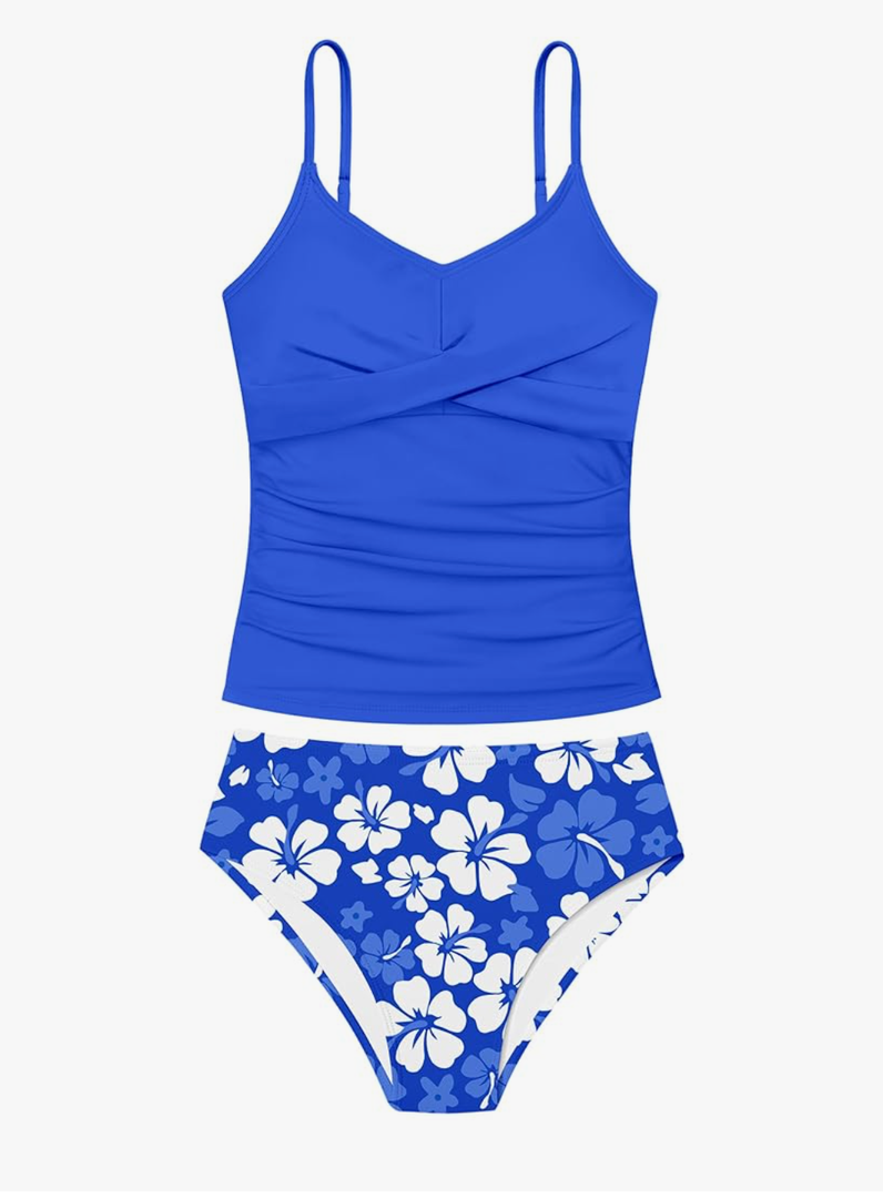 Girls Swimsuit 2 Piece Bathing Suit Criss Cross Ruched Girl Tankini Sets Printed Girls' Swimwear for 15-16 Years