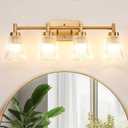 OCIOC 4-Light Bathroom Vanity Light, Burshed Gold Bathroom Light With Stripe Glass Shade, Makeup Light over Mirror, Wall Mounted Sconces for Living room, Kitchen, Hallway