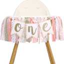 One High Chair Birthday Banner - Pink And White Party Decoration, Sweet One High Chair Banner, Floral And Butterfly Fairy Theme Fabric Garland, First Birthday Party Decoration For Photo Background