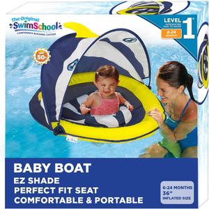 SwimSchool Infant Baby Pool Floats, Free Swimming, Super Buoyant  Ages 6-24 Months  Multiple Colors/Styles  Adjustable Canopies and Seats, Splash & Play Baby Floaties (Navy/White)