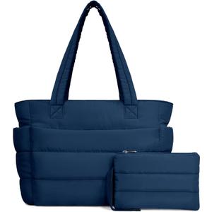 TOPDesign Puffer Tote Bag for Women, Lightweight Puffy Handbag with Compartments, Quilted Shoulder Bag for Work, Travel, Gym (Large, Navy Blue)