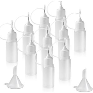 HARSKIYER 10ml Precision Tip Applicator Bottle, 10 Pcs White Fine Needle Tip Squeeze Bottles with 2 Mini Funnel, Fine Line Applicator wtih Leak-Proof Caps for DIY, Paint, Quilling, Craft, Acrylic