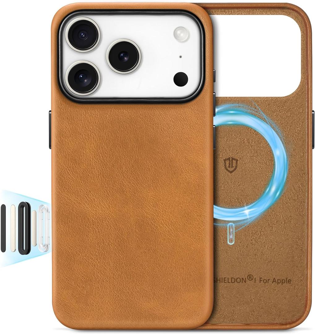 SHIELDON Leather Case for iPhone 17 Pro 6.3" 2025 with [Camera Button Updated], Magnetic Wireless Charging, Slim Fit, Anti-Scratch Non-Slip, Shock-Absorbent, Protective Phone Cover - Retro Light Brown