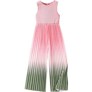 Hilinker Girl's Sleeveless Jumpsuit Pleated Zipper Wide Leg Romper Ombre One Piece Outfit (9-10 Years, Pink Green Gradient)