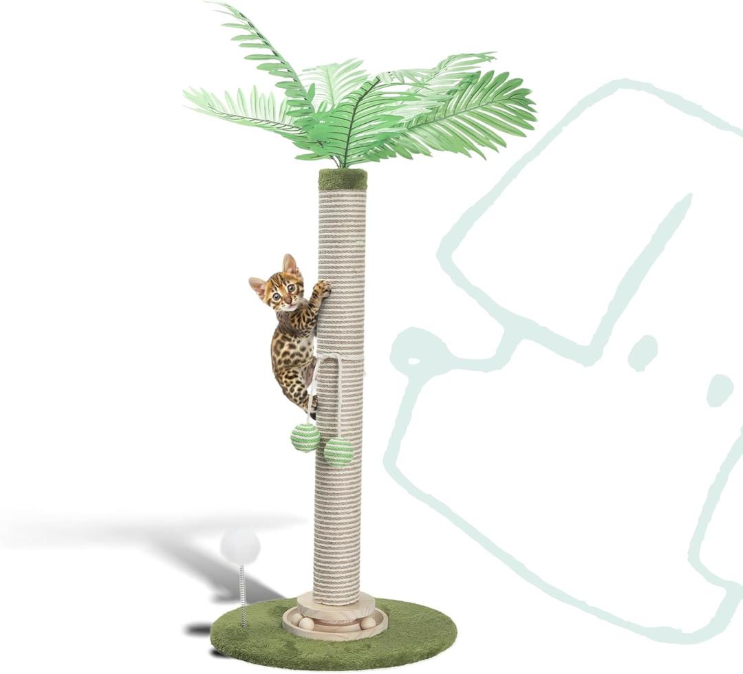 Cat Scratching Post 34 Inch with Rotating Turntable and Removable Hanging Ball, Cat Scratcher for Indoor Cats, Ultra Stable Base, Paw-FGreen Baseriendly Jute Material, Green Base
