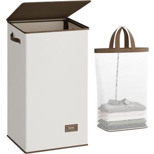 SOLEDI Collapsible Laundry Hamper with Lid - 100L XL - Large Basket with Removable Bag, Convenient Storage - Hampers for Bedroom, Bathroom, Closet, Dorm - Off-White