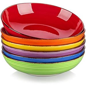 vancasso Bonita Pasta Bowls Set of 6, 38 oz Shallow Bowls, Ceramic Pasta Plates and Salad Bowls, Microwave & Dishwasher Safe Serving Bowls, Assorted Colors