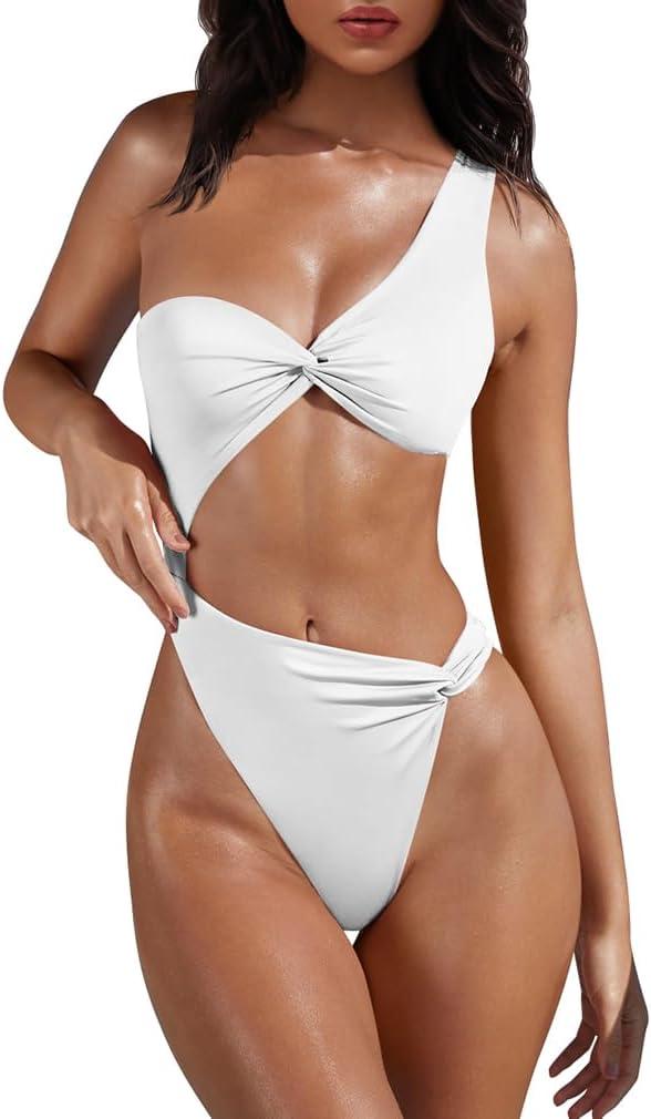 XXTAXN Women's Sexy Thong Cutout Monokinis Tie Beach One Piece Swimsuit Bathing Suit (Large, White)