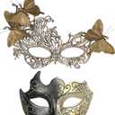 Zinniday Masquerade Masks for Couples - 2 Pcs Feather Butterfly Lace Mask and Plastic 2026 Venetian Masks for Womenb Men (Gold)