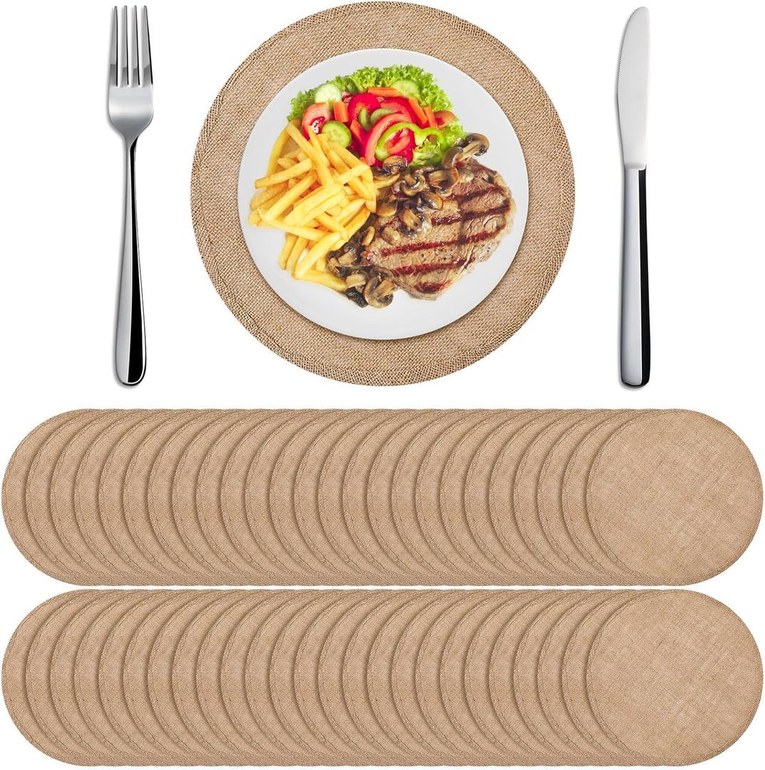 Yunlly Set of 48 Burlap Round Placemats Bulk Burlap Circle Rustic Table Decorations Jute Farmhouse Placemats Heat Resistant Round Table Mats Charger Place Mats for Christmas (11.8 in,Brown)