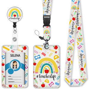 Rainbow Teacher Badge Holder with Retractable Lanyard, Lanyards for ID Badges Name Tags Vertical Card Holder, Breakaway Lanyard Badge Reel Retractable, Teacher Nurse Workers Women Office Gifts