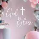 Baptism Wall Decal - God Bless Cross Baby Shower Decal, Baptism First Communion Party Decorations (White)