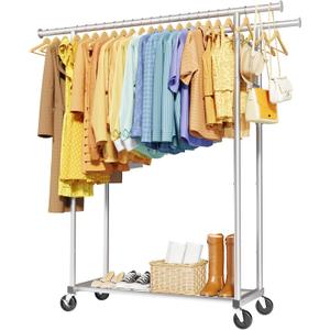 Sakugi Mobile Double Rod Clothes Rack, Freestanding Garment Organizer with Medium Load Capacity and Bottom Storage Shelf for Home Use,Silver (45.6" x 16.9" x 62"(2 Rods))